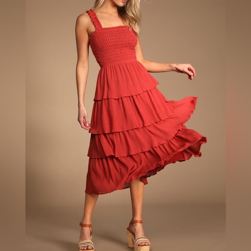 Lulus Peasant Ruffle Tiered Feminine Rust Color Midi Dress Size XS
